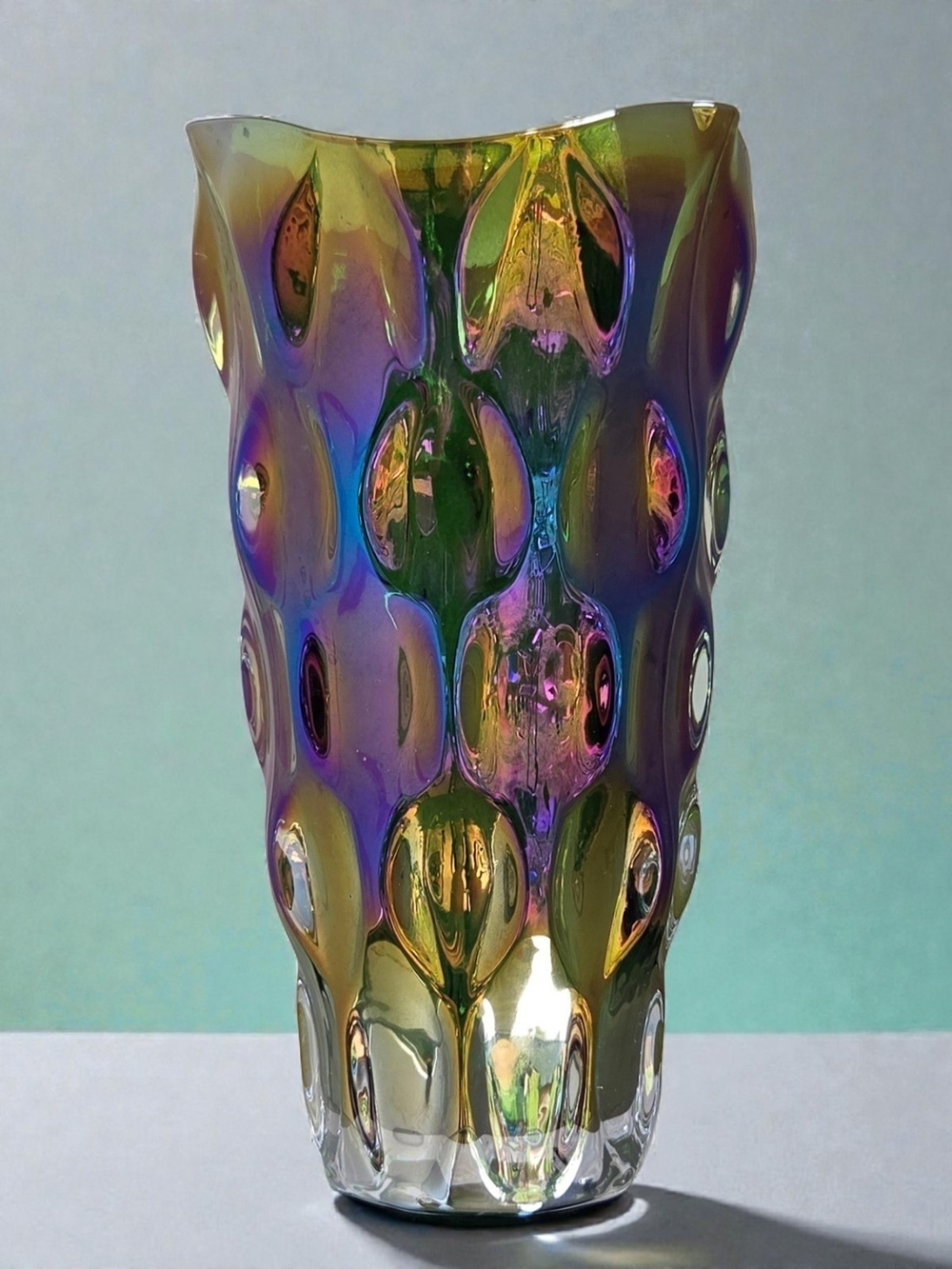 Iridescent Art Glass Vase Rainbow-colored Finish on Green Glass.